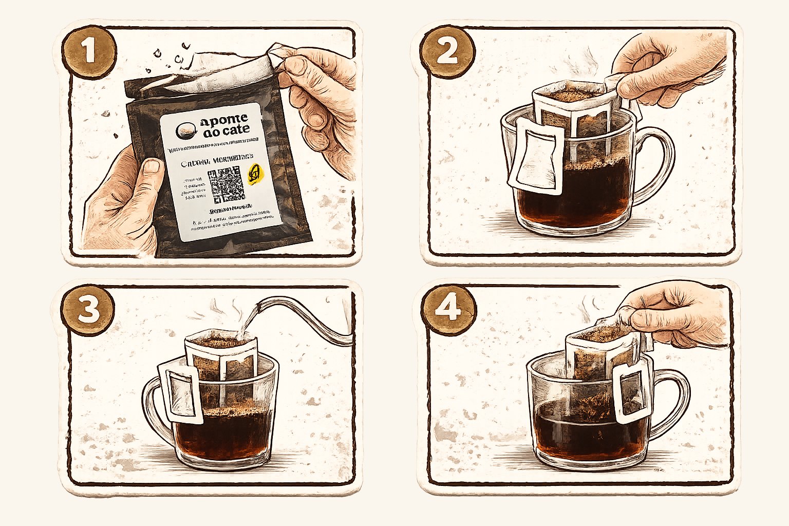 Ilustração dos quatro passos para preparar o Drip Coffee da Ponte
